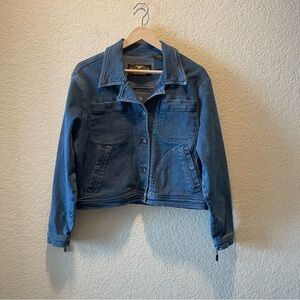 Harley-Davidson women button closure denim graphic back moto jacket, size L